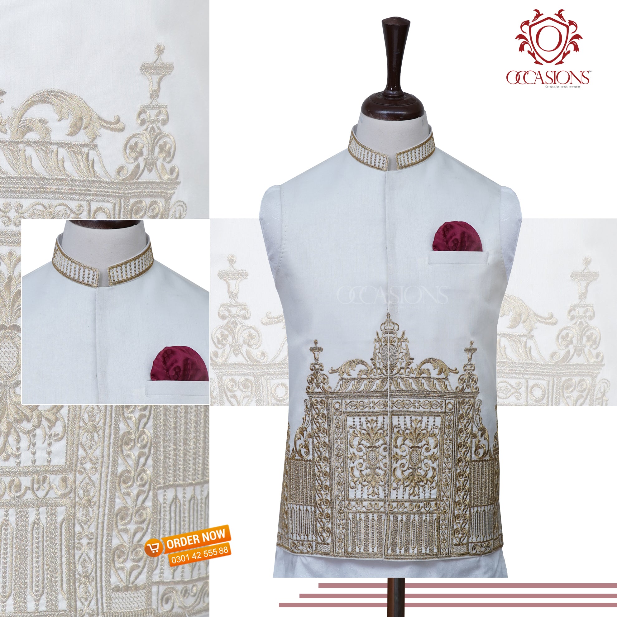 Designer Iconic White Golden Waist Coat	White