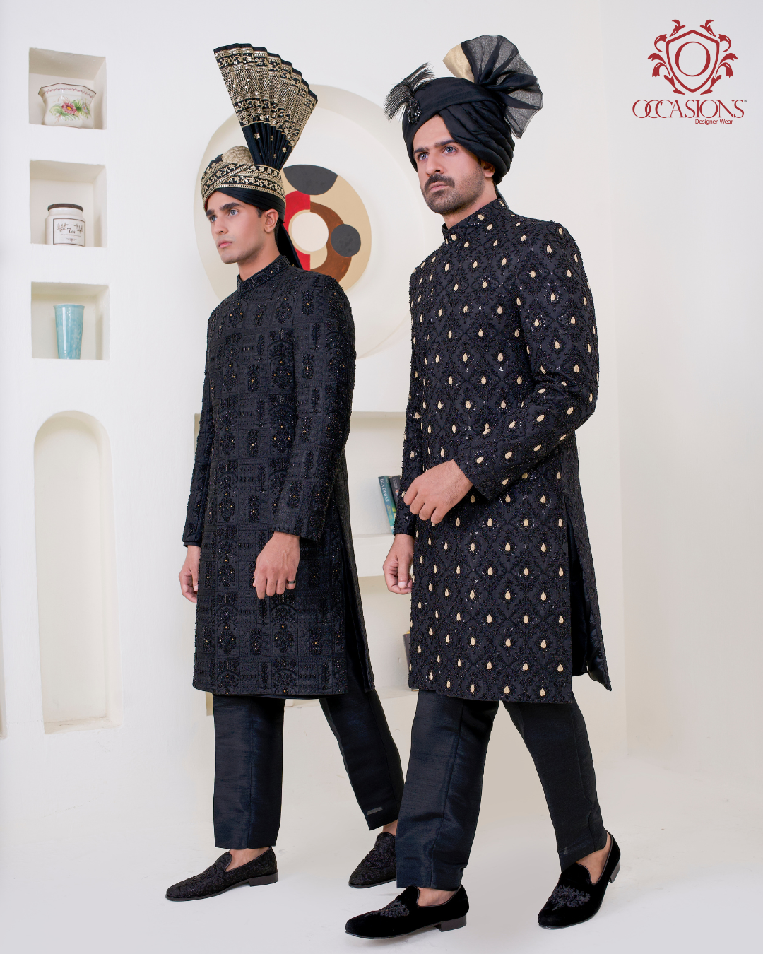 Black Antique Design Cage Sherwani
