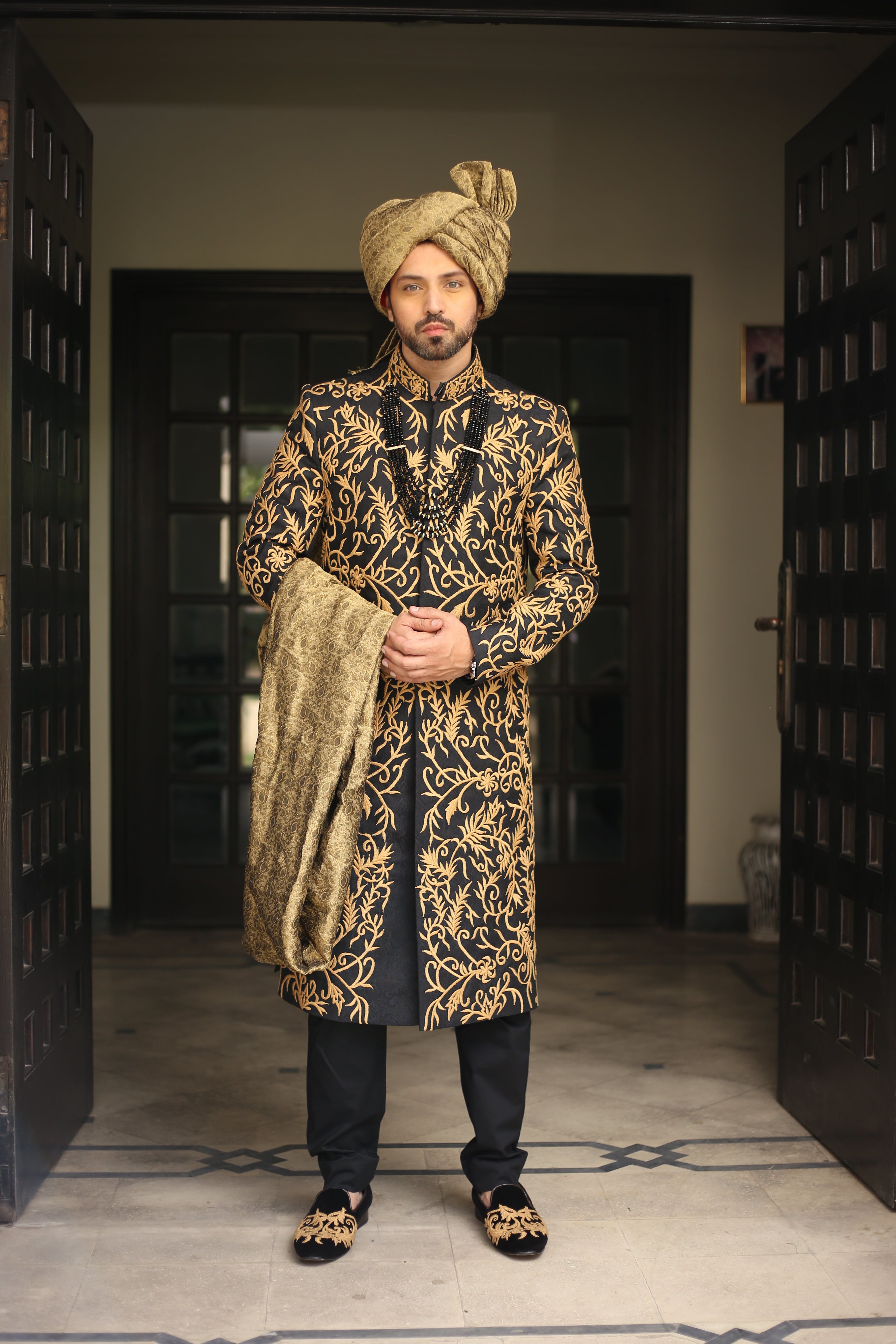 Magnificent Blackish Blue Gold Sherwani	Black n Blue