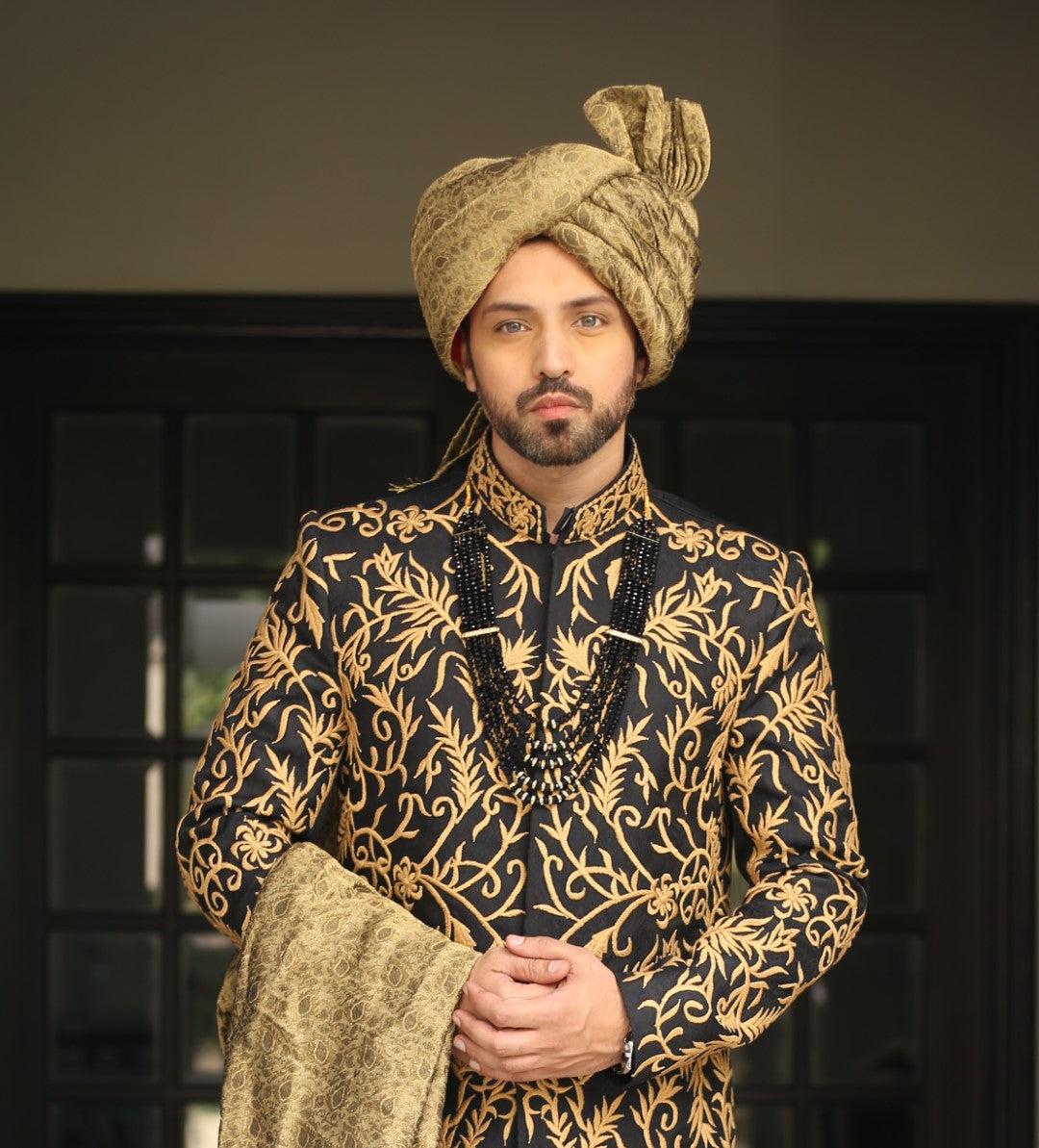 Magnificent Blackish Blue Gold Sherwani	Black n Blue