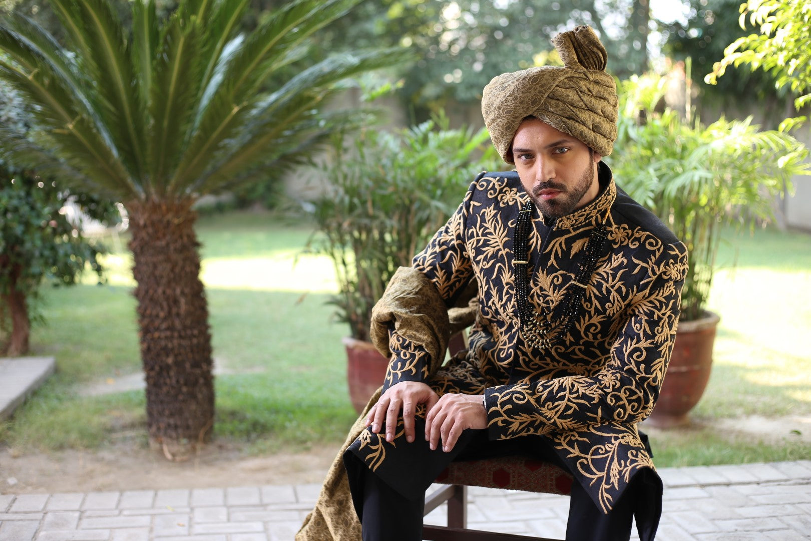Magnificent Blackish Blue Gold Sherwani	Black n Blue