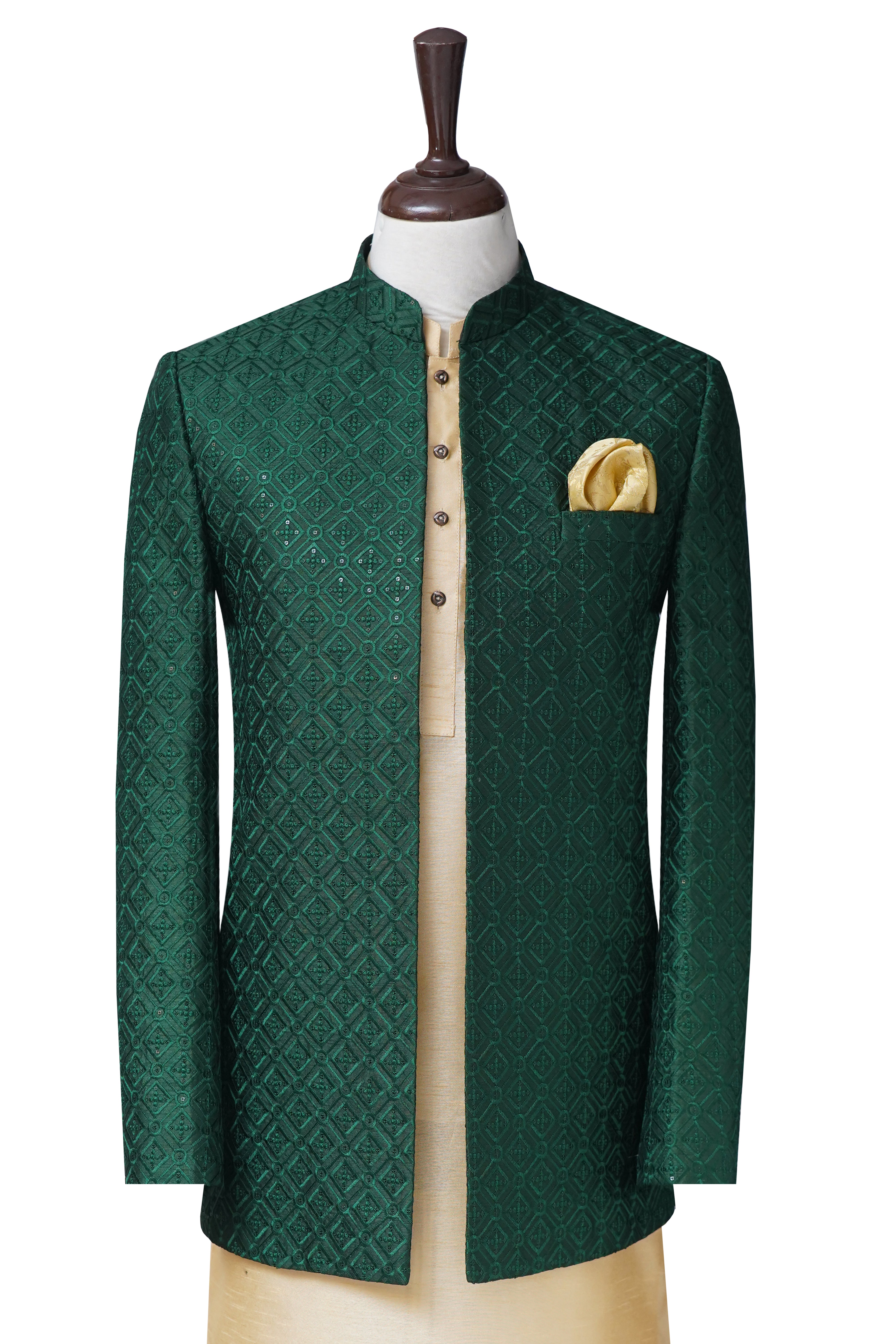 Deep Green Sequin Work Open Gown Prince Coat Green